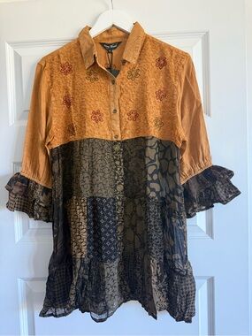 Young Threads Boho Patchwork Ruffle Tunic Top NWT S